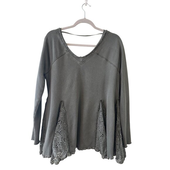 Free People Womens No Frills Lace Inset Pullover Top Green Cotton Oversized - Picture 3 of 12